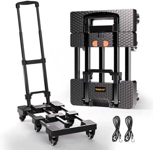 Folding Hand Truck 600lbs, Portable Heavy Duty Dolly Cart, 6 Wheels Collapsible Luggage Cart with 2 Elastic Ropes - Compact Trolley Cart for Easy Moving - Ideal Hand Cart for Travel and More