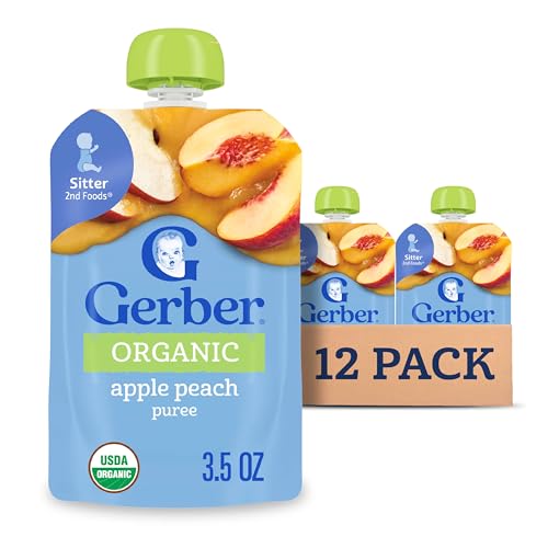 Gerber Stage 2 Baby Food, Organic Apple Peach Puree Pouch, 2 Servings of Fruit, No Added Sweetener, No Artificial Colors or Flavors, 12-Pack
