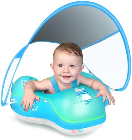 LAYCOL Baby Swimming Float Inflatable Baby Pool Float Ring with Sun Protection Canopy,add Tail no flip Over for Age of 3-36 Months