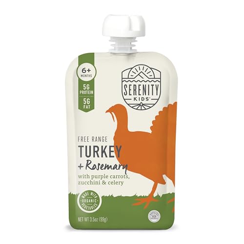 Serenity Kids 6+ Months Baby Food Pouches Puree - Free Range Turkey & Organic Rosemary Blend With Purple Carrot & Zucchini - No Added Sugar & BPA-Free Pouches - 3.5 Oz, 12 Pack