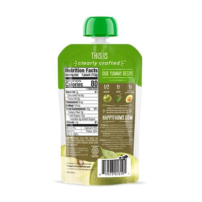 Happy Baby Organics Stage 2 Baby Food Pouches, Gluten Free, Vegan & Healthy Snack, Clearly Crafted Fruit & Veggie Puree, Apples, Kale & Avocados, 4 Ounces (Pack of 16)
