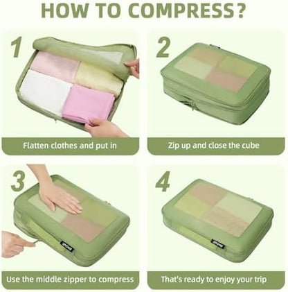 BAGAIL 4 Set/6 Set/8 Set Compression Packing Cubes Travel Accessories Expandable Packing Organizers (Square Mesh, 06-Matcha Green)