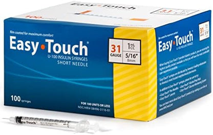 Easy Touch U-100 Insulin Syringe with Needle, 31G 1cc 5/16-Inch (8mm), Box of 100
