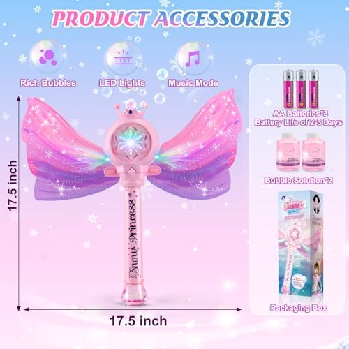 Bubble Wands for Kids Girls - LED Light & Music Bubble Machine: 3 AA Batteries & 2 Bubble Solutions, Outdoor Party Birthday Toys for Toddlers, Gift for 3 4 5 6 7 8 Year Old Girls