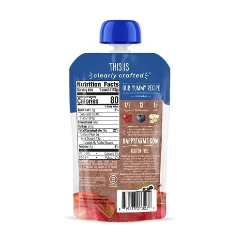 Happy Baby Organics Stage 2 Baby Food Pouches, Gluten Free, Vegan & Healthy Snack, Clearly Crafted Oat & Fruit Puree, Apples, Blueberries & Oats, 4 Ounces (Pack of 16)