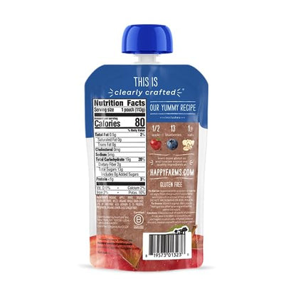 Happy Baby Organics Stage 2 Baby Food Pouches, Gluten Free, Vegan & Healthy Snack, Clearly Crafted Oat & Fruit Puree, Apples, Blueberries & Oats, 4 Ounces (Pack of 16)