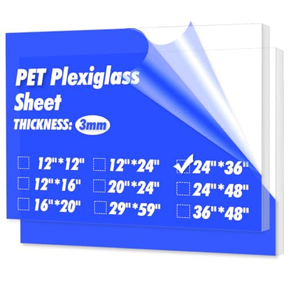 Art3d (2 Pack) 1/8" Thick Plexiglass Sheets - 36" x 24" PET Clear Acrylic Sheets for Art Design, Craft Projects, Signs, DIY in Home, Wedding, Festival, Party, Office and More