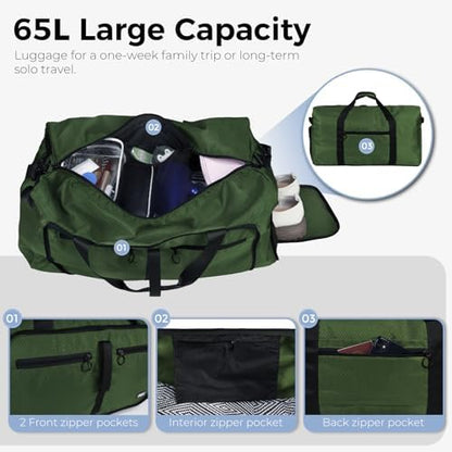 Fmeida 65L Duffle Bag with Shoes Compartment, Foldable Travel Duffel Bags for Men Women, Large Packable Travel Bag Water Repellent & Tear Resistant (Green)