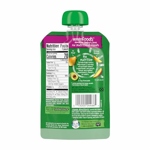 Gerber Organic Baby Food Pouches, 2nd Foods for Sitter, WonderFoods, Pear Mango Avocado, 3.5 Ounce (Pack of 12)