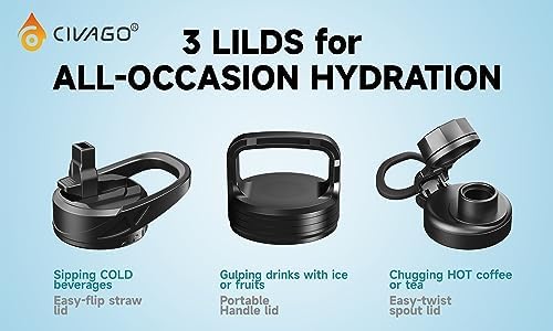 CIVAGO Gallon Insulated Water Bottle Jug with Straw, 128 oz Large Stainless Steel Water Flask, Big Metal Thermal Mug with 3 Lids for Sports, Travel, Gym, and Camping, Black