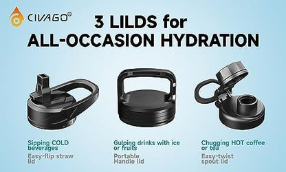 CIVAGO Gallon Insulated Water Bottle Jug with Straw, 128 oz Large Stainless Steel Water Flask, Big Metal Thermal Mug with 3 Lids for Sports, Travel, Gym, and Camping, Black