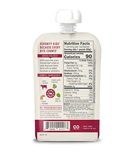 Serenity Kids Beef Bone Broth Puree with Organic Veggies - Protein-Rich BPA-Free Pouches & Grass Fed Beef Baby Food - Clean Label Project Purity Award Certified - 3.5 Oz, 6 Pack