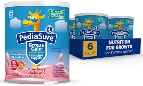 PediaSure Grow & Gain with Immune Support Shake Mix Powder, 23 Vitamins & Minerals, 6g Protein, Non-GMO, Gluten-Free, Kids Nutrition, Strawberry, 14.1 oz Can, Pack of 6-48 servings