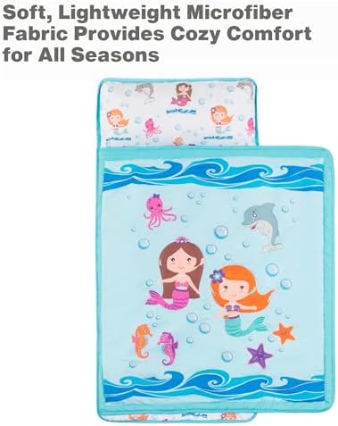 EVERYDAY KIDS Toddler Nap Mat with Removable Pillow -Underwater Mermaids- Carry Handle with Fastening Straps Closure, Rollup Design, Soft Microfiber for Preschool, Daycare Sleeping Bag, Ages 2-6 years