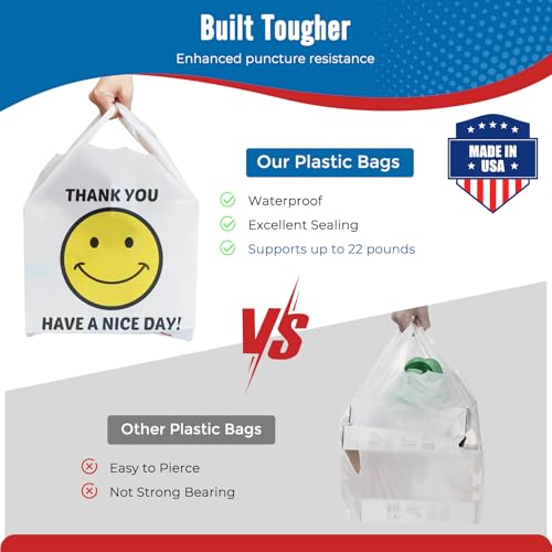 Fuxury 1000 Count Happy Smiling Face Thank You Plastic Bags (12" x 6.5" x 21") White, Have a Nice Day Bags for T-shirt, Grocery, Take Out, To Go, Retail Shopping in Bulk (Made in USA)