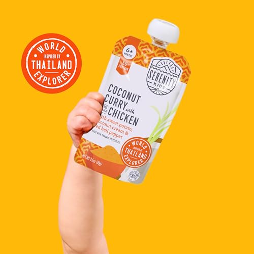Serenity Kids 6+ Months World Explorers Coconut Curry Chicken Baby Food Pouch - BPA-Free Pouches - Ethically Sourced Meats & Organic Veggies - GMO-Free Savory Blend - 3.5 Oz, 12 Pack