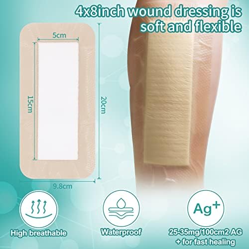 Dimora Silicone Foam Dressing Silver Ag 4"x 8" Adhesive Absorbent First Aid Bandage for Wound Care Pads 5 Packs