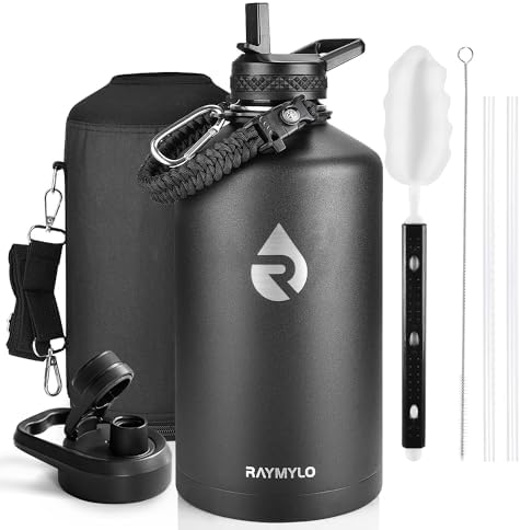 One Gallon Water Bottle Insulated, Triple Walled Vacuum Stainless Steel (Cold for 48 Hrs), Leak Proof & Non-BPA, Large Water Flask Jug with Paracord Handle & Straw Spout Lids