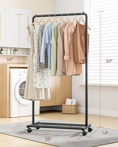 Clothes Rack - Clothing Rack with Storage Mesh Shelf & Casters, Heavy-Duty Metal Clothing Rack for Hanging Clothes, Dresses, Coats, Large Load Capacity, Easy Assembly, Black, 28.0"x14.0"x59.0"