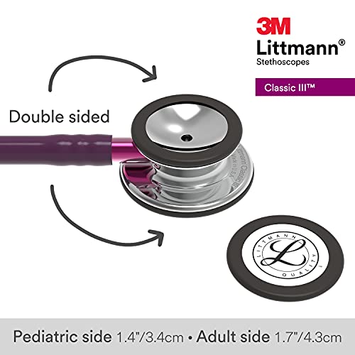 3M Littmann Classic III Monitoring Stethoscope, 5960, More Than 2X as Loud, Weighs Less, Stainless Steel Mirror-Finish Chestpiece, 27" Plum Tube, Pink Stem, and Smoke Headset