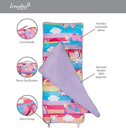 EVERYDAY KIDS Nap Mat with Removable Pillow - Unicorn Dreams - Carry Handle with Straps Closure, Rollup Design, Soft Microfiber for Preschool, Daycare, Travel Sleeping Bag - Ages 3-6 Years
