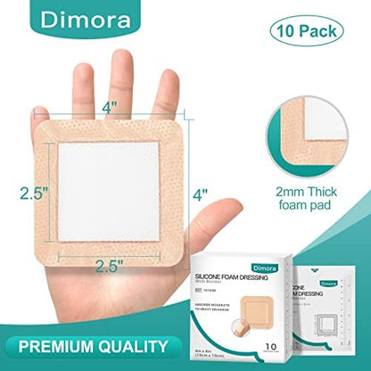 Dimora Silicone Foam Dressing with Border Adhesive 4"x4" Wound Dressing First Aid Bandage for Wound Care 10 Pack