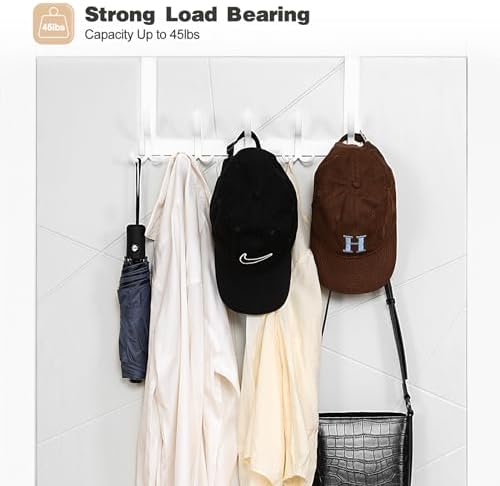 Over The Door Hooks for Hanging, Over The Door Hanger with 5 Triple Coat Hooks, Over The Door Towel Rack for Bathroom, Door Hanger Hooks for Coat, Bags and Hat (White, 2 Pack)