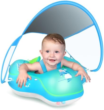 LAYCOL Baby Swimming Float Inflatable Baby Pool Float Ring with Sun Protection Canopy,add Tail no flip Over for Age of 3-36 Months