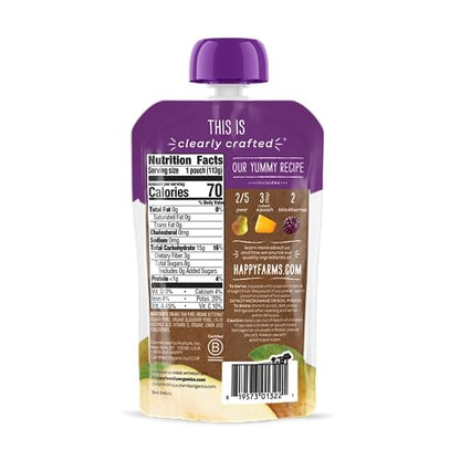 Happy Baby Organics Stage 2 Baby Food Pouches, Gluten Free, Vegan & Healthy Snack, Clearly Crafted Fruit & Veggie Puree, Pears, Squash & Blackberries, 4 Ounces (Pack of 16)