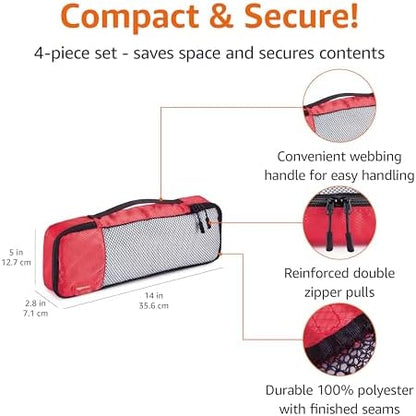Amazon Basics Slim Packing Cubes for Travel, Packing Organizers, 4-Piece-Set With Double Zipper Pulls and Mesh Top Panel, 100% Durable Polyester, Red, 14"L x 5"W x 3"H