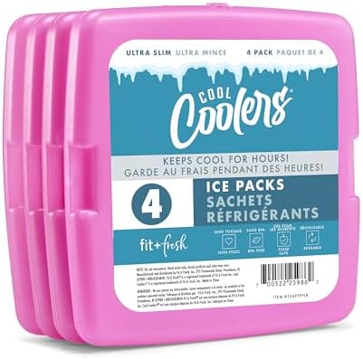 Cool Coolers by Fit & Fresh 4 Pack Slim Ice Packs, Quick Freeze Space Saving Reusable Ice Packs for Lunch Boxes or Coolers, Purple