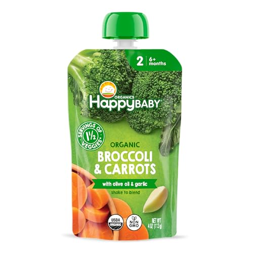 Happy Baby Organics Savory Blends Stage 2 Baby Food, Broccoli & Carrots with Olive Oil + Garlic, 4 Ounce Pouch (Pack of 16)