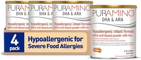 PurAmino Hypoallergenic Infant Drink, for Severe Food Allergies, Omega-3 DHA, Iron, Immune Support, Powder Can, 14.1 Oz (4 Count)