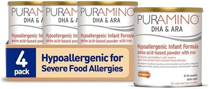 PurAmino Hypoallergenic Infant Drink, for Severe Food Allergies, Omega-3 DHA, Iron, Immune Support, Powder Can, 14.1 Oz (4 Count)
