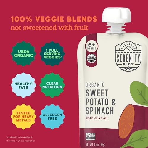 Serenity Kids 6+ Months Veggie Puree Baby Food Pouches - USDA Organic - No Sugary Fruits or Added Sugar - Allergen Free - 3.5 Oz BPA-Free Pouch - Sweet Potato & Spinach - 6 Count - Sweet Potato Puree