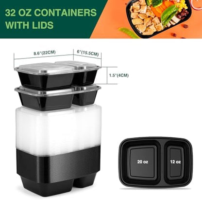 Glotoch 50 Pack 32 oz Meal Prep Containers Reusable, 2 Compartment Food Containers with Lids To Go Containers, Lunch-Microwave,Freezer,Dishwasher Safe