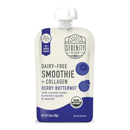 Serenity Kids 6+ Months Dairy-Free Smoothie Baby Food | USDA Organic | Grass Fed Collagen Protein | 3.5 Ounce BPA-Free Pouch | Berry Butternut | 12 Count