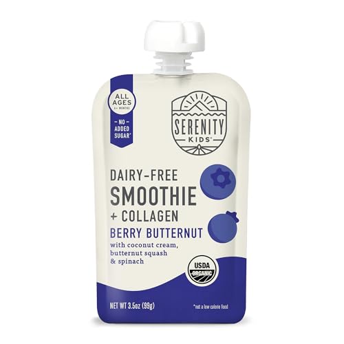 Serenity Kids 6+ Months Dairy-Free Smoothie Baby Food | USDA Organic | Grass Fed Collagen Protein | 3.5 Ounce BPA-Free Pouch | Berry Butternut | 12 Count