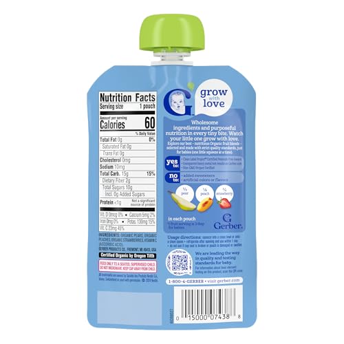 Gerber Stage 2 Baby Food, Organic Pear Peach Strawberry Puree Pouch, 2 Servings of Fruit, No Added Sweetener, No Artificial Colors or Flavors, 12-Pack
