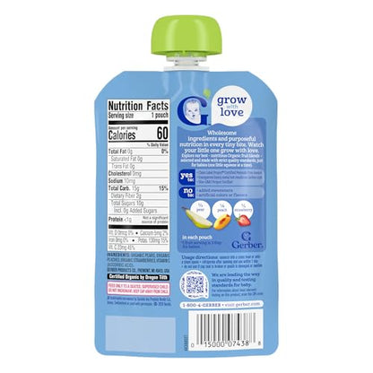 Gerber Stage 2 Baby Food, Organic Pear Peach Strawberry Puree Pouch, 2 Servings of Fruit, No Added Sweetener, No Artificial Colors or Flavors, 12-Pack