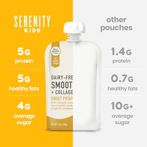 Serenity Kids 6+ Months Dairy-Free Smoothie Baby Food Pouches - USDA Organic, Grass Fed Collagen Protein - 3.5 Oz BPA-Free - Sweet Potato Spice - 6 Count - Smoothie Pouches