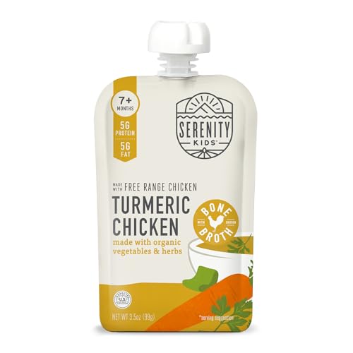 Serenity Kids 7+ Months Chicken Puree Pouch with Bone Broth - Pasture-Raised Turmeric & Veggie Blend - Clean Label Project Purity Award Certified - 3.5 Oz, 12 Pack