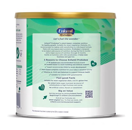 Enfamil Prosobee Plant based Baby Formula, for Sensitive Tummies, Soy-based Plant Sourced Protein, Vitamins for Immune Support, Lactose-free, Milk free, Gluten free, 20.9 Oz Can, 4 Count
