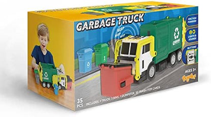 JOYIN Large Friction Powered Garbage Truck Toy Set, Includes Dumpster, Trash Bins, and Learning Cards for Kids, Boy Toys Birthday Gift for Boys Girls Kids Toddler