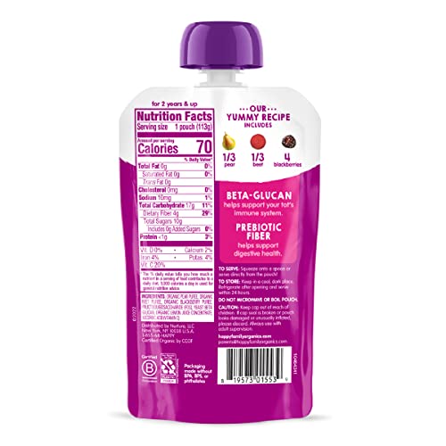 Happy Tot Organics Stage 4 Baby Food Pouches, Gluten Free, Vegan Snack, Super Bellies, Fruit & Veggie Puree, Pears, Beets & Blackberries 4 Ounce (Pack of 16)