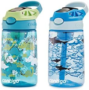 Contigo Aubrey Kids Dinos & Sharks Cleanable Water Bottle with Silicone Straw Spill-Proof Lid Dishwasher Safe 14oz 2-Pack