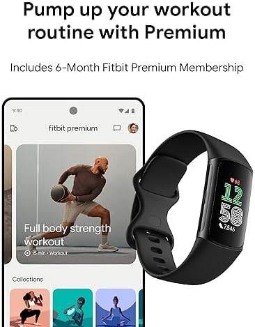 Fitbit Charge 6 Fitness Tracker with Google apps, Heart Rate on Exercise Equipment, 6-Months Premium Membership Included, GPS, Health Tools and More, Obsidian/Black, One Size (S & L Bands Included)