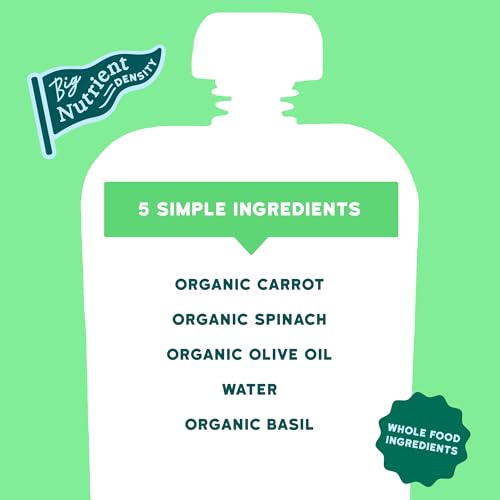 Serenity Kids 6+ Months Veggie Puree Baby Food Pouches - Carrot, Spinach & Basil - USDA Organic Baby Food & Allergen Free - No Added Sugar & BPA Free - 3.5 Oz, 12 Pack