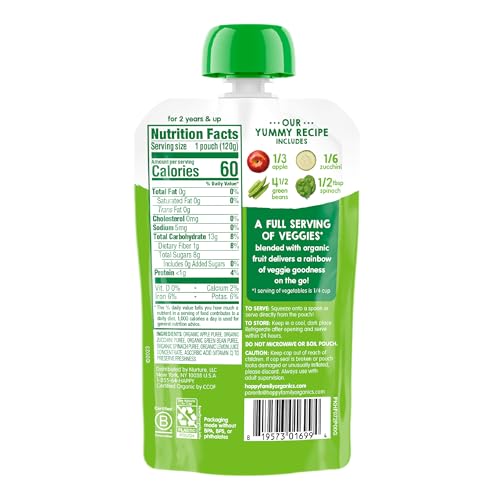 Happy Tot Organics Stage 4 Baby Food Pouches,Gluten Free, Vegan Snack, Love My Veggies, Fruit & Veggies Puree, Apples, Zucchini, Green Beans & Spinach 4.22 oz Pouch (Pack of 16)