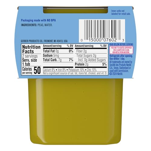 Gerber Stage 2 Baby Food Peas, Baby Peas Puree Tub, No Added Salt, No Artificial Colors or Flavors, Baby Puree, Baby Food Vegetables, 16-Pack